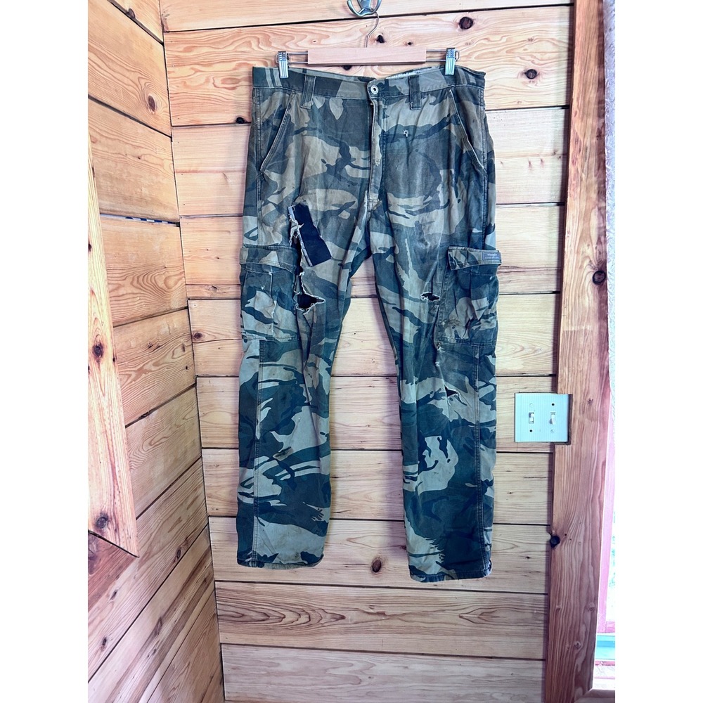 THRASHED Vintage Tiger Stripe Camo Fleece Lined Cargo Pants Mens 36x32 Relaxed